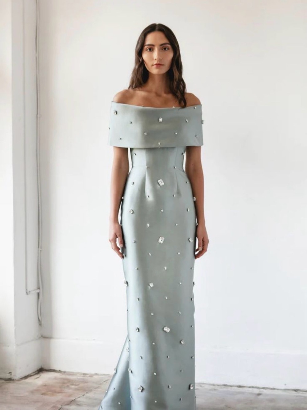 Off-Shoulder Embellished Light Blue Evening Gown